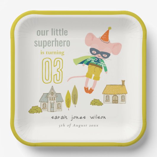 かわいいスーパーヒーローマウスおもしろいキッズフォト誕生日 ペーパープレート (正面)