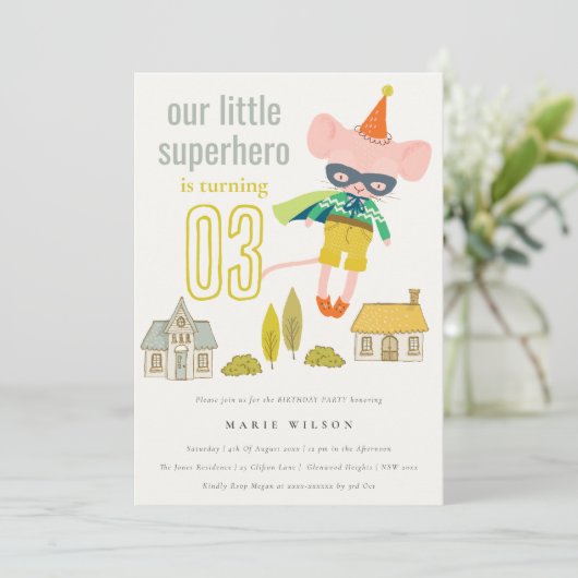 かわいいスーパーヒーローマウスおもしろいキッズフォト誕生日 招待状 (スタンド正面)