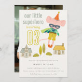 かわいいスーパーヒーローマウスおもしろいキッズフォト誕生日 招待状 (正面/裏面)