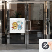 かわいいスーパーヒーローライオンとゾウの友達の漫画 ウィンドウサイン (オフィスドア)