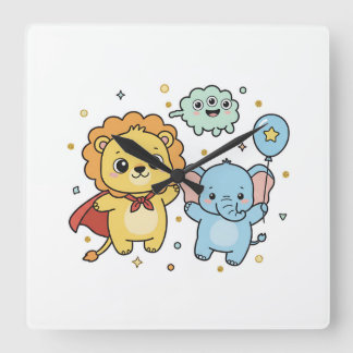 かわいいスーパーヒーローライオンとゾウの友達の漫画 スクエア壁時計