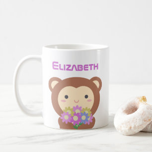 かわいいズカワイイアニメサル紫ピンクの花 コーヒーマグカップ