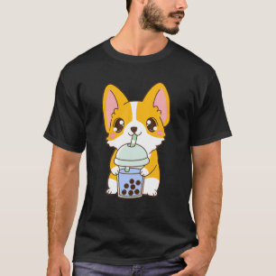 かわいいズキュートボバコルギドッグブルーバブルミルクティー Tシャツ