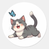かわいいズキュート猫が地面に倒れ蝶 ラウンドシール (正面)