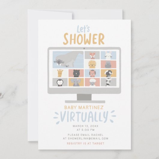 かわいいズーム動物コンピュータ仮想ベビーシャワー 招待状 (正面)