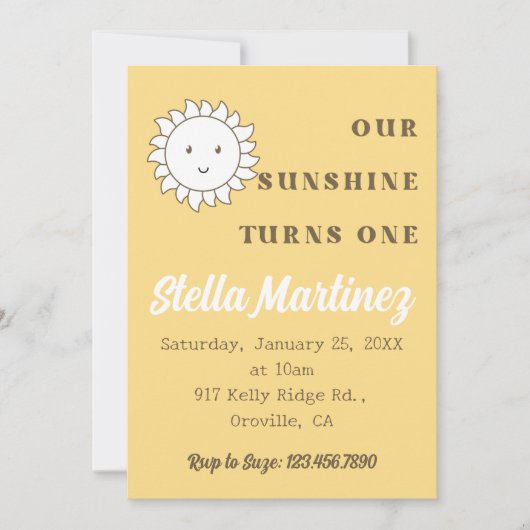 かわいいズOur Sunshine Girl's 1st Birthday 招待状 (正面)