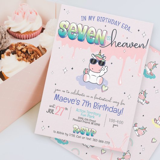 かわいいセブンは天国ユニコーン女の子7誕生日時代 招待状