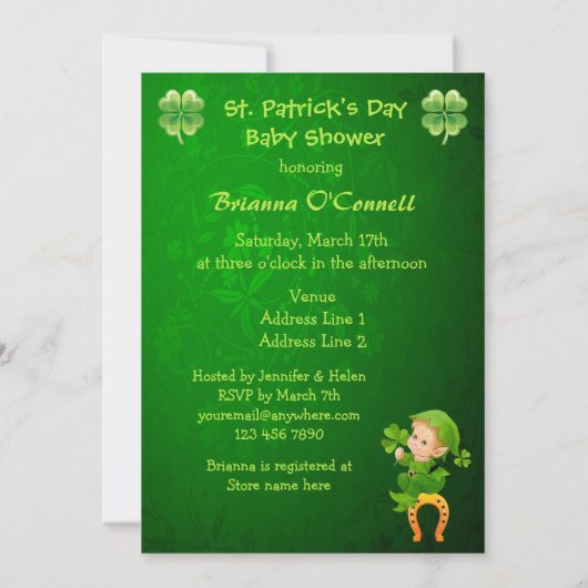 かわいいセントパトリックの日のベビーシャワー 招待状 (裏面)
