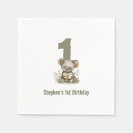 かわいいセージグリーンのコアラのクマの1歳の誕生日パーティー スタンダードカクテルナプキン
