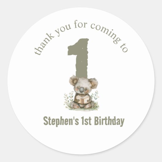  かわいいセージグリーンのコアラのクマの1歳の誕生日パーティー  ラウンドシール (正面)
