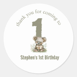 かわいいセージグリーンのコアラのクマの1歳の誕生日パーティー ラウンドシール