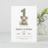  かわいいセージグリーンのコアラのクマの1歳の誕生日パーティー  招待状 (スタンド正面)