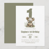  かわいいセージグリーンのコアラのクマの1歳の誕生日パーティー  招待状 (正面/裏面)