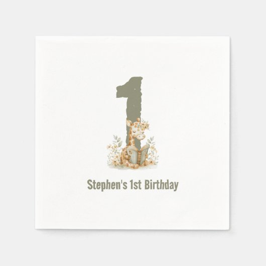 かわいいセージグリーンキリン1歳の誕生日パーティー スタンダードカクテルナプキン (正面)