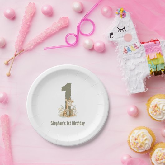 かわいいセージグリーンキリン1歳の誕生日パーティー ペーパープレート (パーティー)