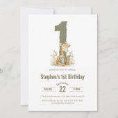 かわいいセージグリーンキリン1歳の誕生日パーティー 招待状 (正面)