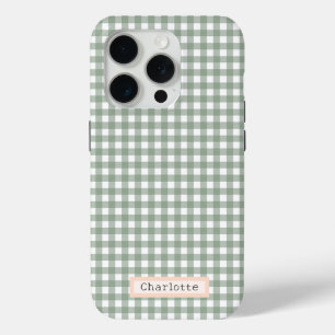 かわいいセージ緑の格子柄パーソナライズされた iPhone 15 PROケース