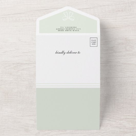 かわいいセージ緑コケット弓ベビーシャワー オールインワン招待状 (外側)