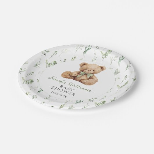 かわいいセージ緑テディベアボウ男の赤ちゃんシャワー ペーパープレート (アングル)