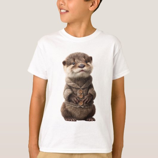 かわいいセーターを着た赤ちゃんカワウソの子供服 Tシャツ (正面)