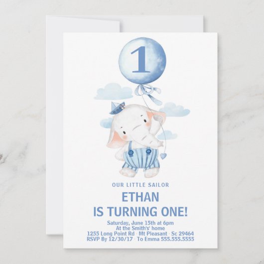かわいいセーラーエレファントボーイ1歳パーティー 招待状 (正面)
