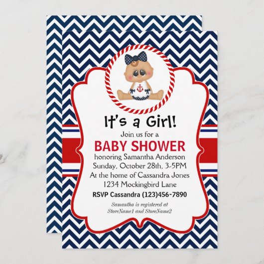 かわいいセーラーガール航海の赤ちゃんシャワー 招待状 (正面/裏面)