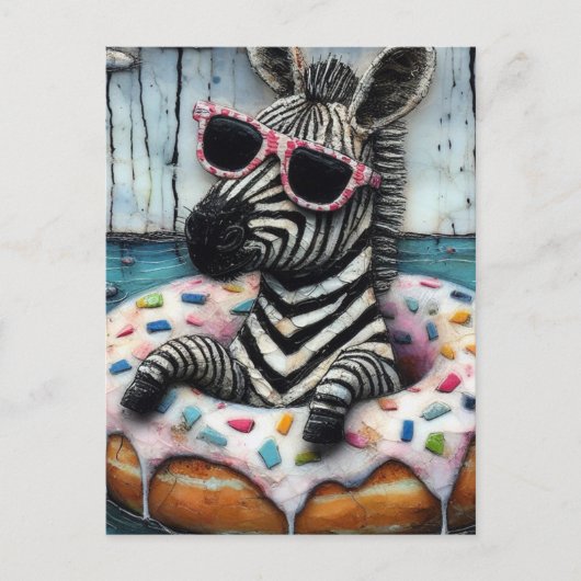 かわいいゼブラがドーナツに浮かぶ旅を楽しむ ポストカード (正面)
