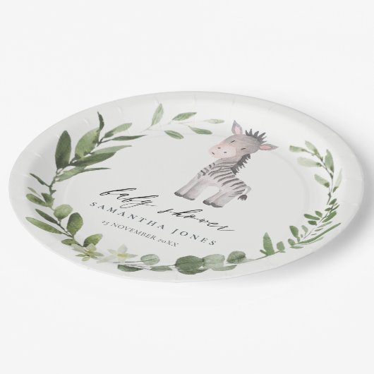 かわいいゼブラグリーンリーフリースベビーシャワー ペーパープレート (アングル)