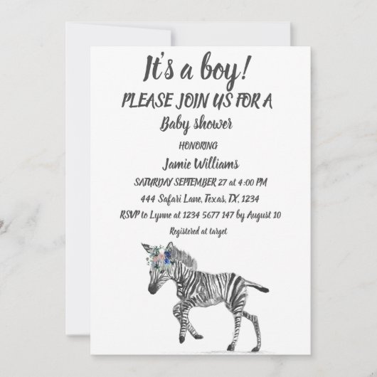 かわいいゼブラサファリジャングルパターン動物男の赤ちゃん 招待状 (正面)