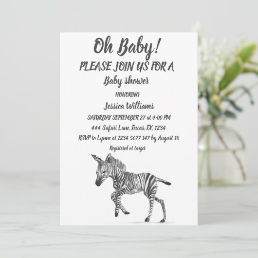 かわいいゼブラサファリジャングルパターン動物男の赤ちゃん 招待状 (スタンド正面)