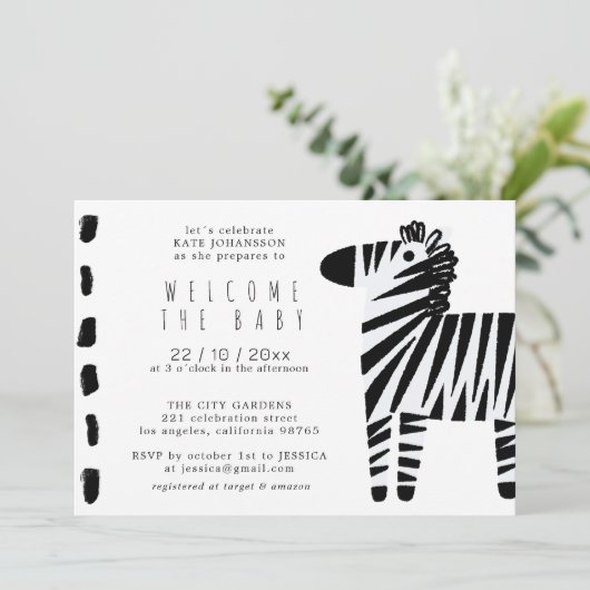 かわいいゼブラダスティブルーボーイベビーシャワー招待状 招待状 (スタンド正面)