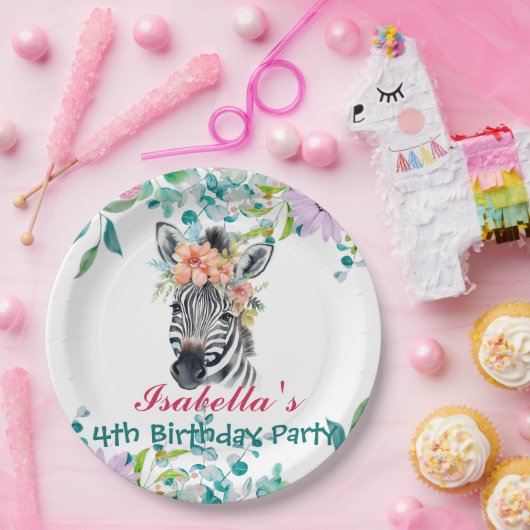 かわいいゼブラ動物園の動物のジャングルフローラ誕生日パーティー ペーパープレート (パーティー)