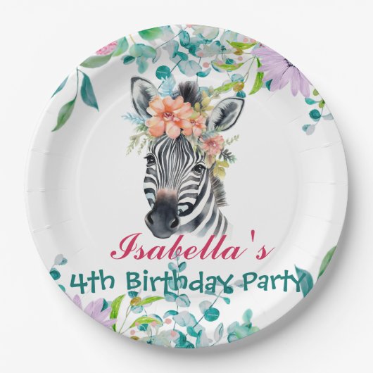 かわいいゼブラ動物園の動物のジャングルフローラ誕生日パーティー ペーパープレート (正面)