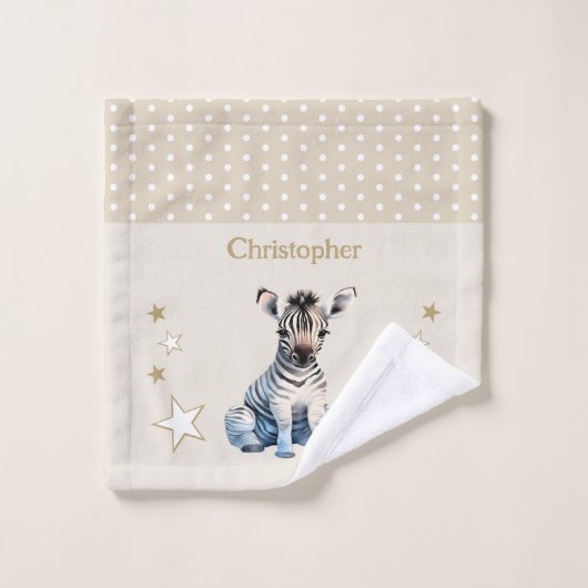 かわいいゼブラ追加ネーム水玉模様スターブラウン ウォッシュタオル (ウォッシュタオル)