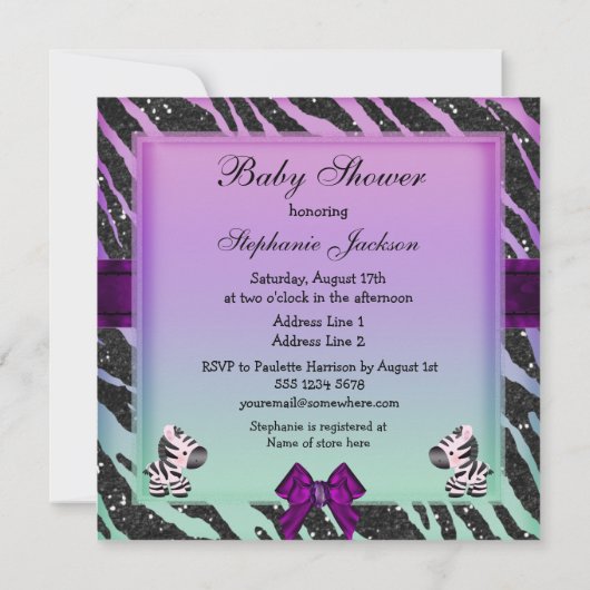 かわいいゼブラ&アニマルプリントグリッターベビーシャワー 招待状 (裏面)