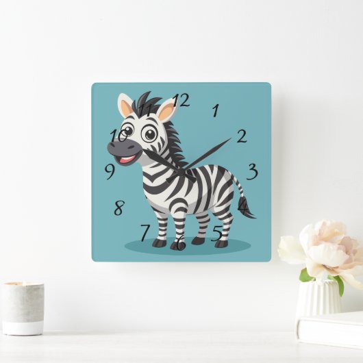 かわいいゼブラ スクエア壁時計 (ホーム)