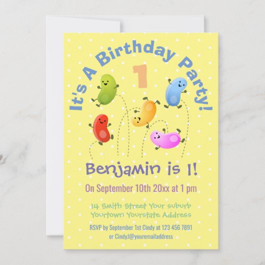 かわいいゼリービーンズパーソナライズされたマンガの誕生日 招待状 (正面)