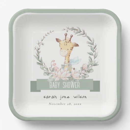 かわいいソフトサファリキリンフローラリースベビーシャワー ペーパープレート (正面)