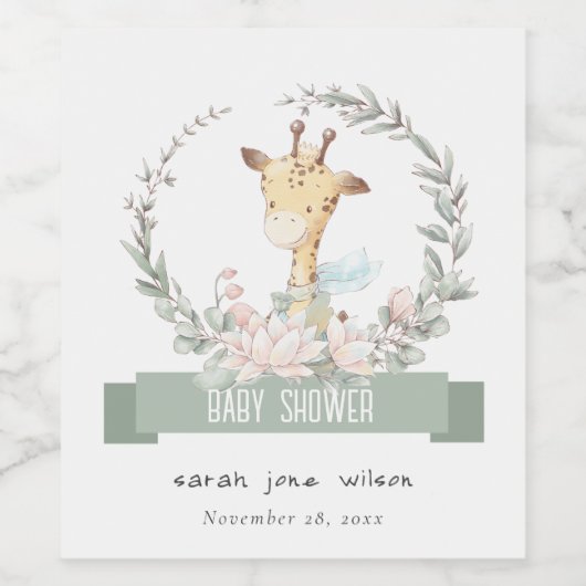 かわいいソフトサファリキリンフローラリースベビーシャワー ワインラベル (シングルラベル)