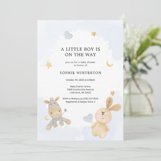 かわいいソフトトイズボーイズベビーシャワー 招待状 (スタンド正面)