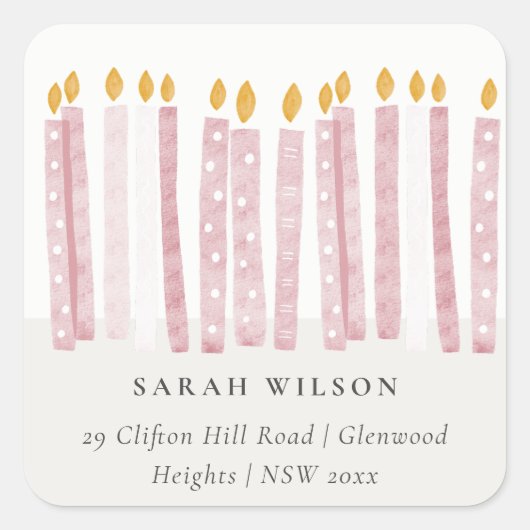 かわいいソフトパステルピンクの水の色のキャンドルアドレス スクエアシール (正面)