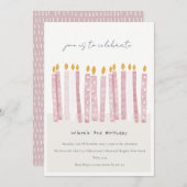 かわいいソフトパステルピンク水彩誕生日キャンドル 招待状 (正面/裏面)