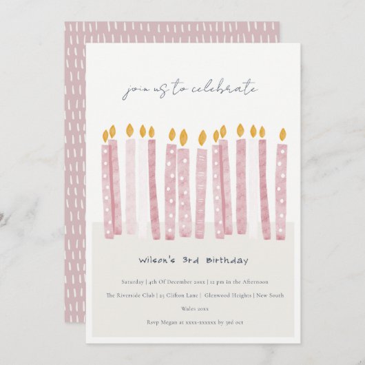 かわいいソフトパステルピンク水彩誕生日キャンドル 招待状 (正面/裏面)