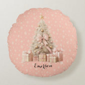 かわいいソフトピンクのクリスマスツリーと名前をカスタムする ラウンドクッション (正面)