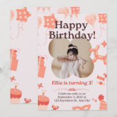 かわいいソフトピンクハッピーバースデーキッドパーティの招待状 招待状 (正面/裏面)