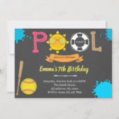 かわいいソフトボールのプールパーティー 招待状 (正面)