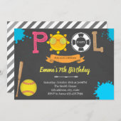 かわいいソフトボールのプールパーティー 招待状 (正面/裏面)