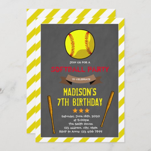 かわいいソフトボールパーティの招待状 招待状 (正面/裏面)