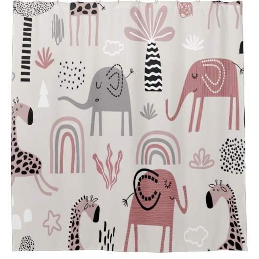 かわいいゾウとキリンの巨人の模様 シャワーカーテン (正面)