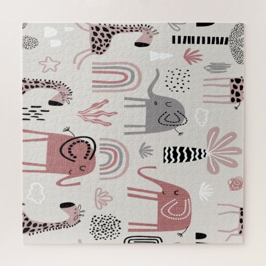 かわいいゾウとキリンの巨人の模様 ジグソーパズル (横)